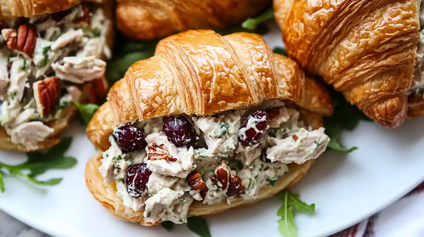 cranberry pecan turkey salad inside croissant